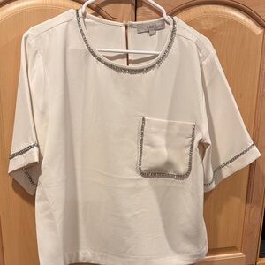 LOFT Cream Short Sleeve Blouse with Rhinestone Trim